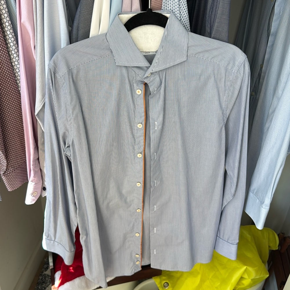 Eton Mens Button-Up Shirt Blue Diamond Dot Long Sleeve 15 3/4 Super Slim